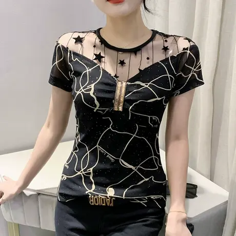 网纱印花T恤女短袖2023夏装新款性感镂空气质上衣时尚紧身小衫ins商品大图
