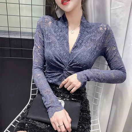 性感镂空V领蕾丝衫女春秋交叉扭结洋气上衣时尚百搭打底衫女长袖商品大图