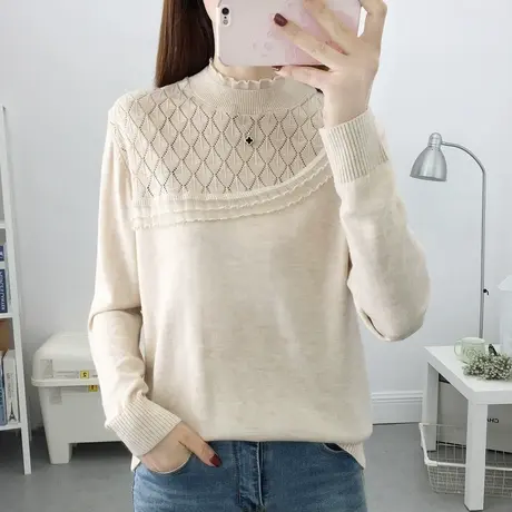 半高领镂空蕾丝针织打底衫女2023年秋季新款内搭套头毛衣长袖上衣商品大图