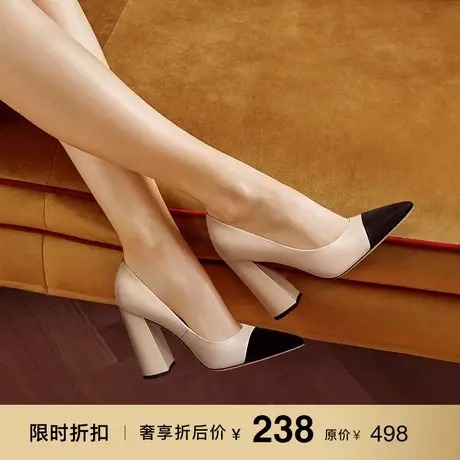 熙漫2023春季新款尖头高跟鞋百搭杏色浅口单鞋女时尚拼接粗跟女鞋商品大图