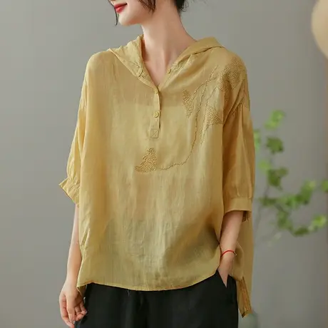 dza苎麻连帽短袖T恤女2023夏季薄款纯色打底体恤宽松棉麻套头上衣商品大图