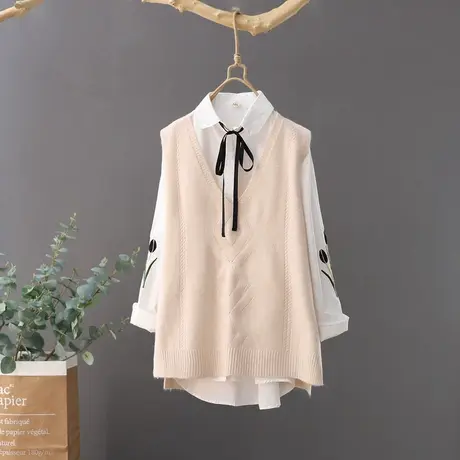 V领针织马甲女2023年春季新款毛衣背心短款上衣菱形文艺宽松坎肩图片