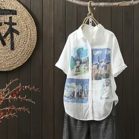 枫谜2022年夏季童趣印花短袖衬衫女上衣双层棉纱短袖衬衫图片