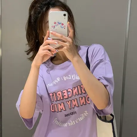 网红大码短袖t恤女2020宽松韩版中长款原宿风ins超火紫色上衣服潮商品大图