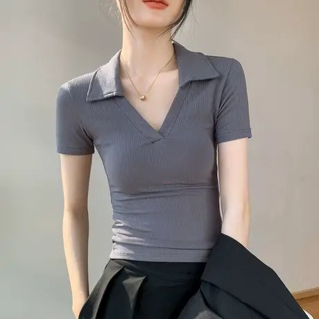 POLO领短袖T恤女2023夏季修身显瘦纯色坑条螺纹深v翻领半袖上衣图片