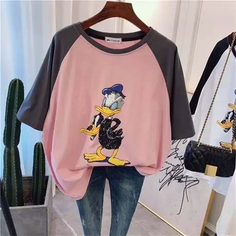 短袖t恤女夏装2020新款韩版ins潮唐老鸭卡通宽松插肩袖打底衫上衣图片