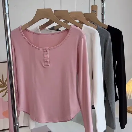 设计感辣妹修身长袖t恤女春秋季短款莫代尔打底衫瑜伽舞蹈服上衣商品大图