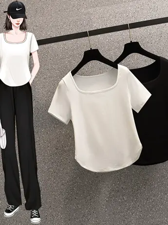 纯欲短款U领短袖t恤女夏季独特别致设计感小众潮牌辣妹甜酷上衣服商品大图