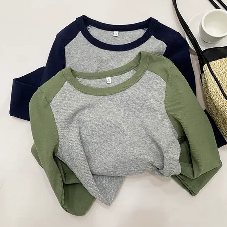 撞色拼接插肩纯棉长袖T恤女早秋洋气百搭修身显瘦短款打底衫上衣商品大图