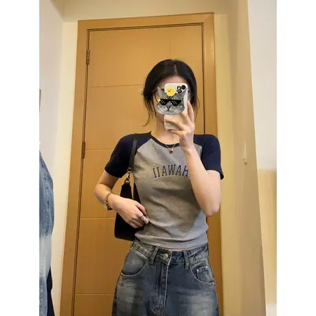 撞色插肩短袖t恤女夏季修身ins设计感小众美式复古辣妹风短款上衣商品大图