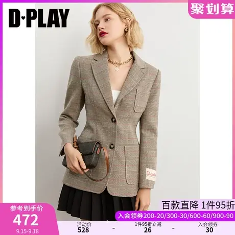 DPLAY【黑标】时尚通勤卡其色中长款西装格纹单排扣外套图片