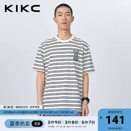 kikc短袖t恤男2023春夏新款商场同款卡通刺绣休闲复古条纹上衣图片