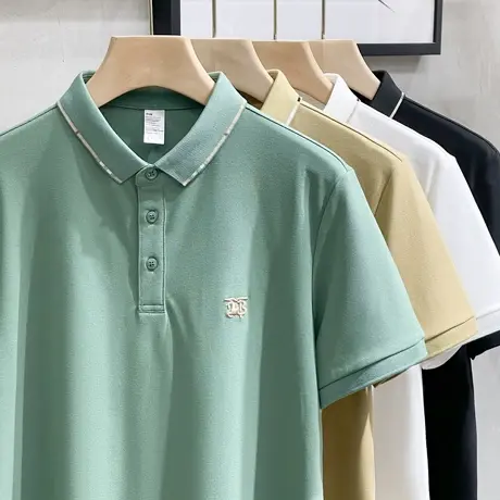 男士短袖t恤Polo衫夏季丝光棉商务休闲薄款条纹翻领T恤衫高档百搭商品大图