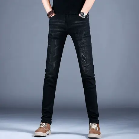 黑色刺绣欧美牛仔裤男款百搭修身小脚裤子2023新款夏季休闲裤弹力商品大图