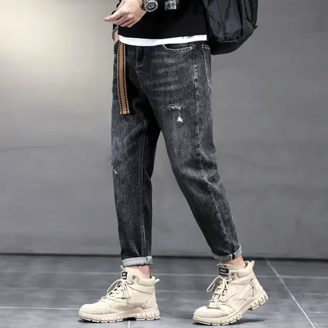 秋冬厚款牛仔裤男士修身直筒破洞无弹复古中腰潮流长裤子深色裤子商品大图