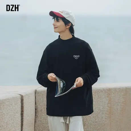 黑色情侣长袖t恤男士潮牌2023秋季新款半高领打底衫男德绒情侣装商品大图