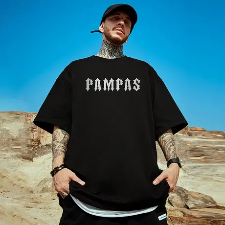 300g重磅美式字母印花短袖t恤街头大码黑色圆领纯棉简约半袖男潮商品大图