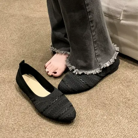 飞织单鞋女2023秋夏季新款尖头平底针织透气豆豆鞋浅口软底编织鞋商品大图