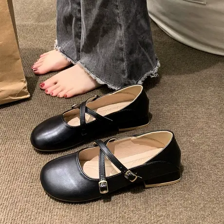 玛丽珍小皮鞋女粗跟2023年春秋新款法式温柔配裙子交叉带浅口单鞋图片
