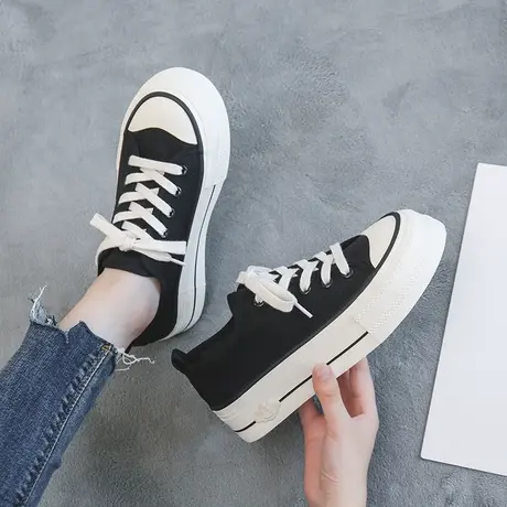 经典厚底帆布鞋女生2023夏季新款纯色基础款百搭三次硫化松糕板鞋图片