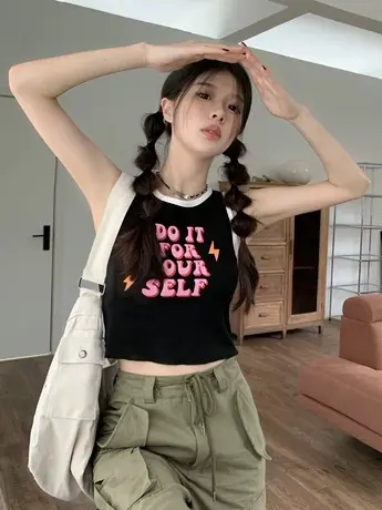 大码胖mm印花甜辣吊带背心女夏外穿设计感显瘦圆领无袖短款上衣商品大图