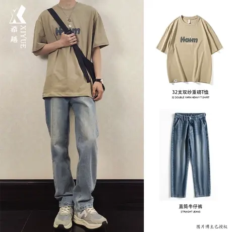 希越夏季短袖T恤男款式直筒牛仔裤休闲套装秋季宽松大码运动男装图片