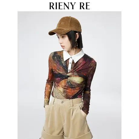 RIENYRE秋冬款原创设计感时尚欧美立裁印花翻领针织衬衫polo衫女图片