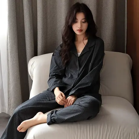 婷美睡衣女士新款开衫翻领纯棉简约休闲长袖长裤春秋季家居服套装图片