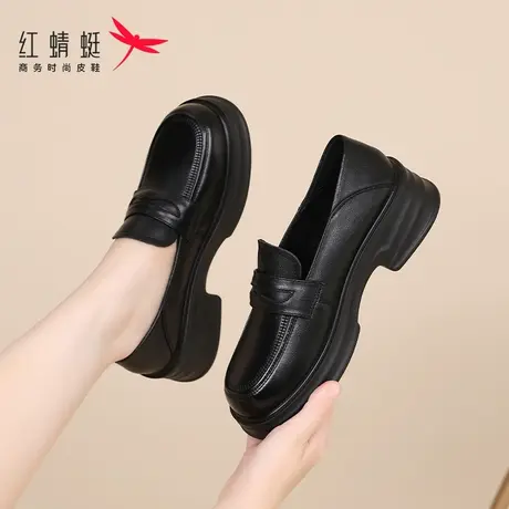红蜻蜓女鞋春秋新款软底一脚蹬皮鞋厚底增高乐福鞋女真皮单鞋夏季商品大图