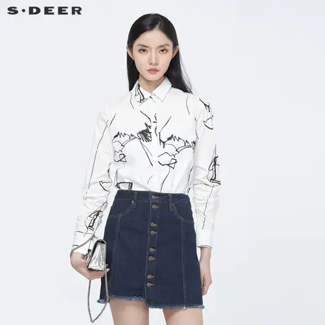 sdeer圣迪奥秋装休闲翻领撞色印花松紧长袖衬衫S22180513商品大图