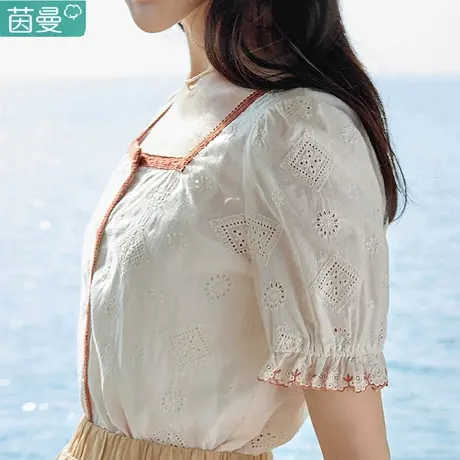 茵曼旗舰店官方复古文艺方领法式上衣女款衬衫2023新款外穿小衫图片