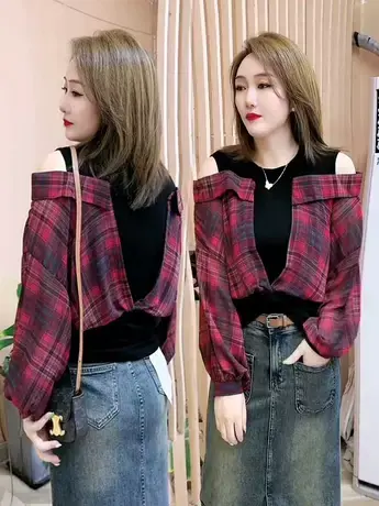 欧货设计感假两件露肩新款韩版复古拼色修身长袖衬衫女格子上衣秋图片