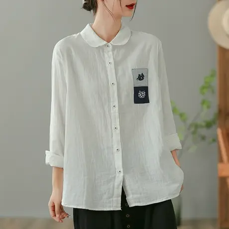 dza 复古纯棉白色长袖衬衫女士2023秋季新款宽松上衣百搭休闲衬衣图片