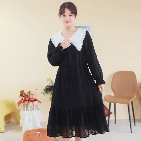 胖妹妹秋2023新品法式优雅蕾丝连衣裙大码微胖撞色双层领宽松长裙商品大图