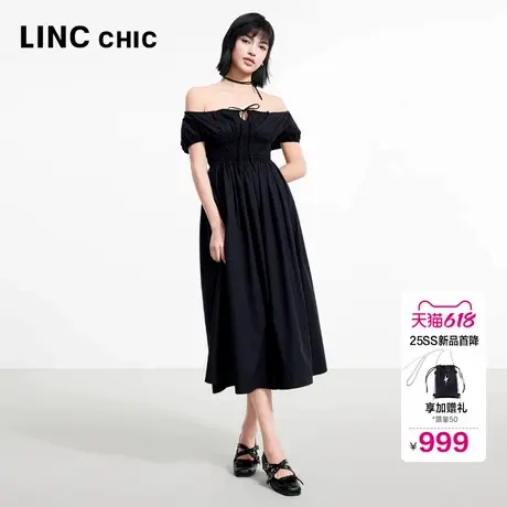LINC金羽杰2025年夏季新款裙子元古典风绑带一字肩连衣裙女DR267Y图片