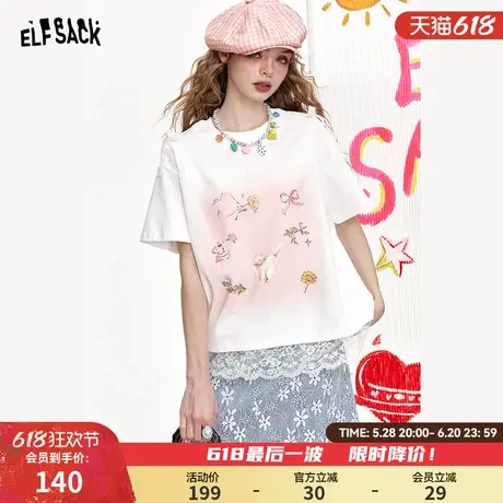 妖精的口袋蕾丝拼接印花短袖t恤女2025年夏新款宽松休闲小众上衣图片