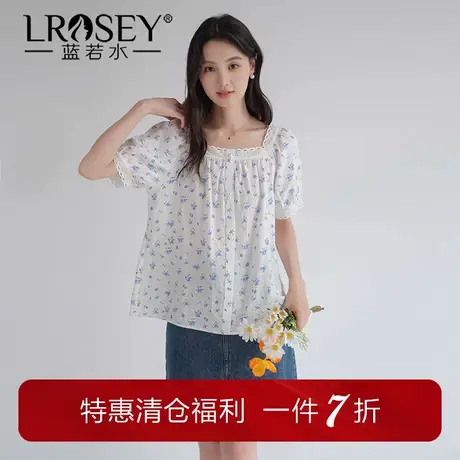 【韩系甜美蕾丝方领衬衫】蓝若水大码2025夏装新款泡泡袖碎花衬衣商品大图