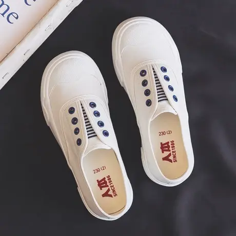 人本帆布鞋女2025春夏新款透气小白鞋女懒人鞋一脚蹬百搭平底鞋子图片