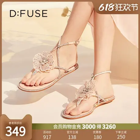DFuse夏季款刺绣水晶花平底夹趾仙女凉拖鞋女DF32115338图片