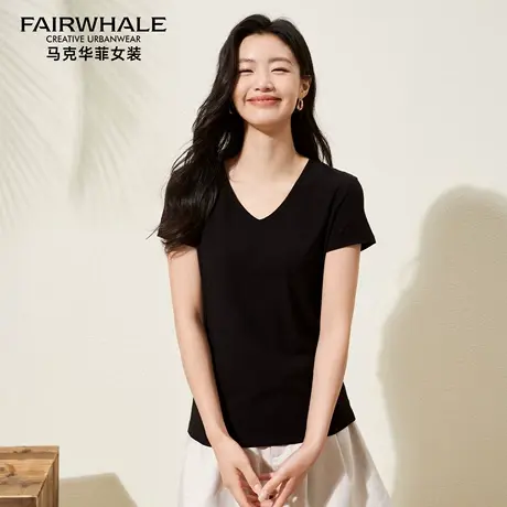 马克华菲慵懒松弛感V领短袖T恤女修身显瘦桑蚕丝针织薄打底衫上衣图片