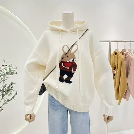 秋冬2022年新款韩版宽松减龄软糯趣味兔子提花羊绒针织连帽毛衣女图片