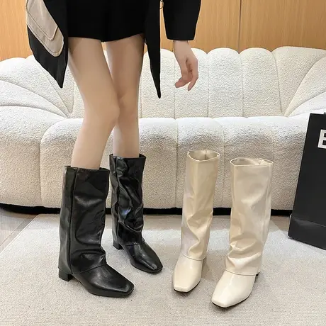 永希粗跟裤管靴女2023年新款秋季高跟方头辣妹高筒靴时尚炸街长靴图片