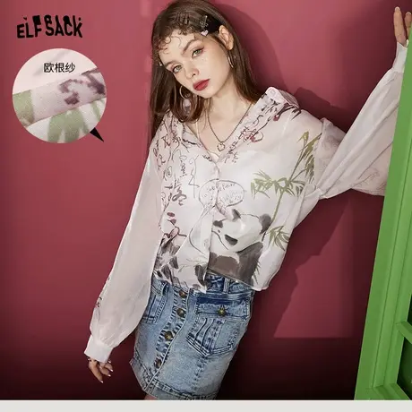 妖精的口袋欧根纱长袖花衬衫女2023秋季新款洋气小衫新中式薄上衣商品大图