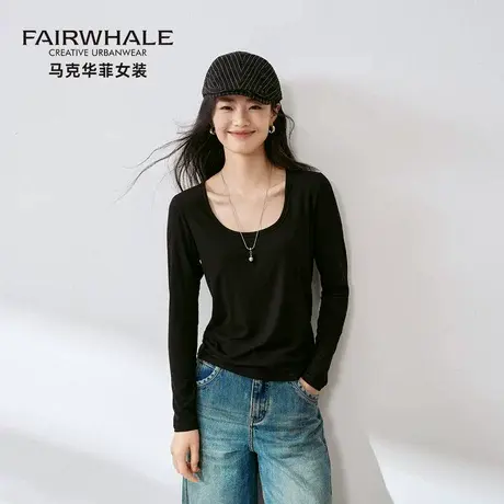 马克华菲桑蚕丝方领打底衫女2025新款内搭外穿修身显瘦U领长袖T恤图片