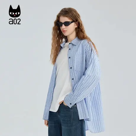 a02宽松蓝白条纹衬衫女2025新款秋季纯棉衬衣外套设计感秋装上衣商品大图