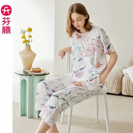 芬腾夏季睡衣女纯棉薄款圆领短袖七分裤可外穿妈妈大码家居服套装商品大图