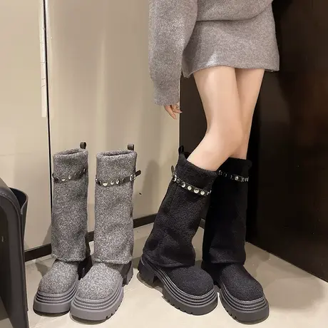 粗跟气质裤管靴女2025年新款秋季增高小个子骑士靴不过膝百搭长靴图片
