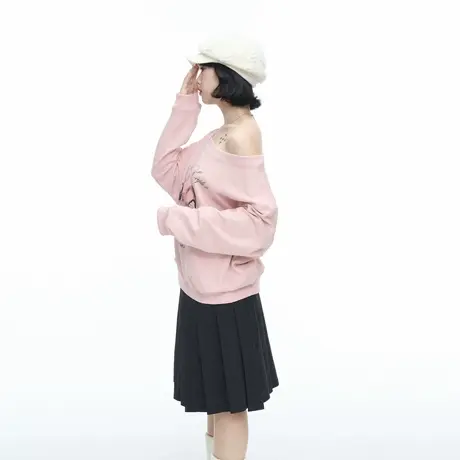 YEP美式斜肩创意印花套头卫衣女春秋新款宽松慵懒松弛感露肩上衣图片