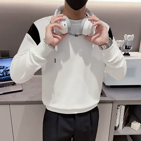 高级感撞色拼接秋季卫衣男小众休闲长袖打底衫T恤ins潮牌体恤上衣商品大图