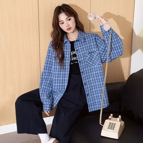 唐狮新款格子衬衫女长袖衬衣外套蓝色翻领宽松前胸刺绣上衣blTM商品大图
